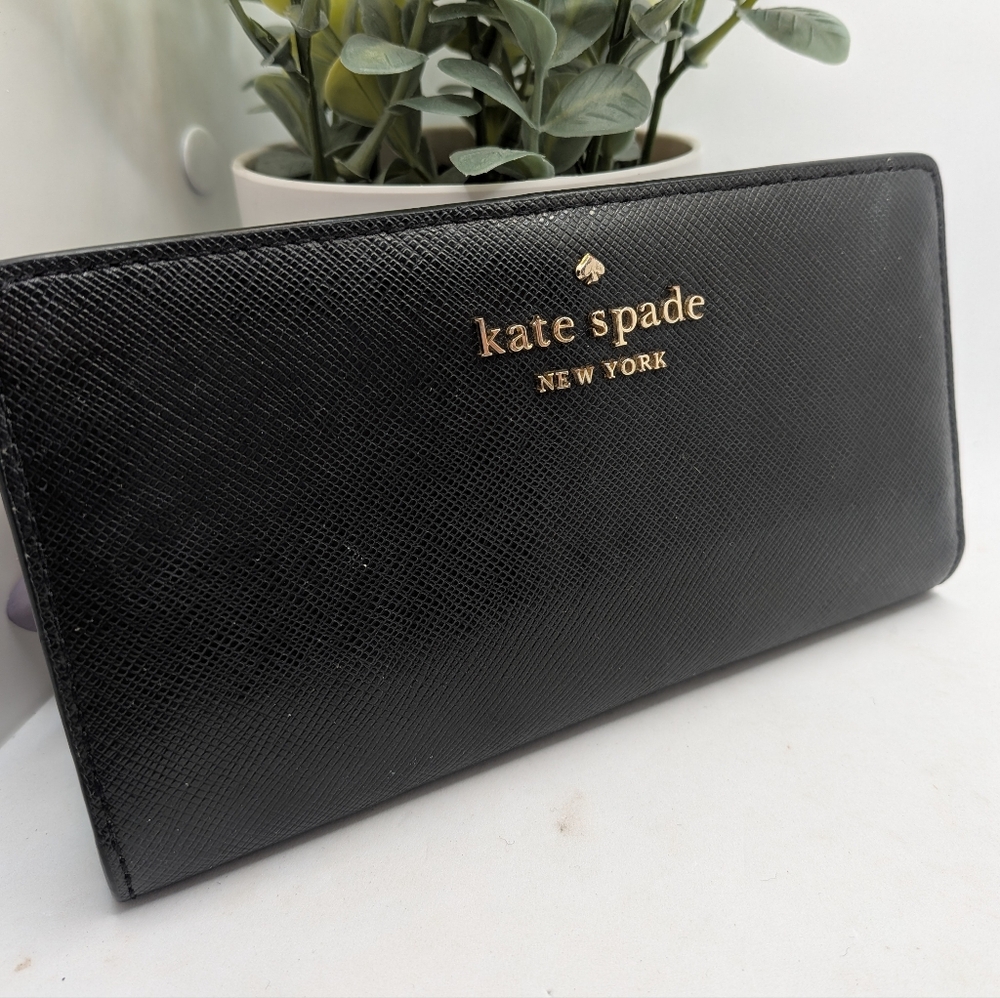 kate spade Black Saffiano Leather Continental Wallet with Gold Logo